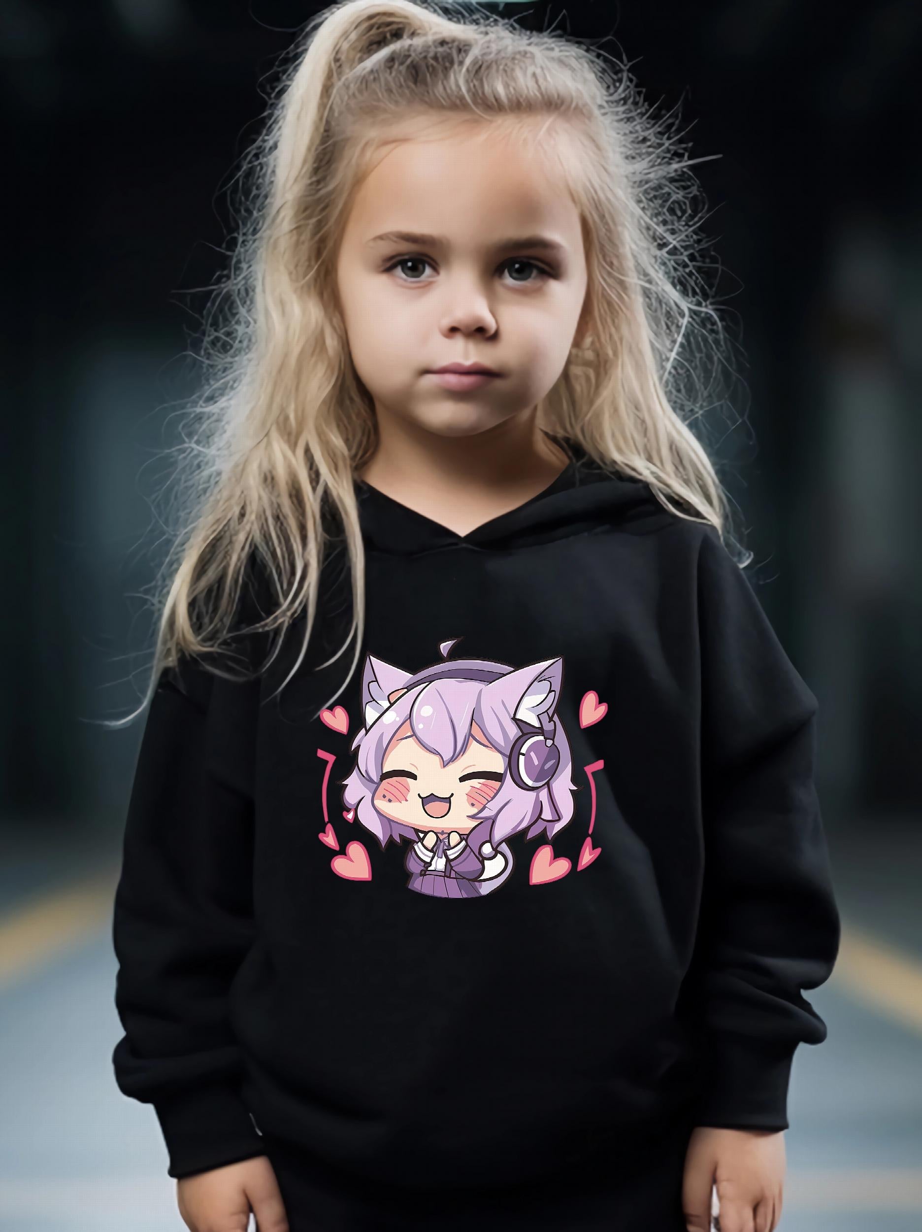 Anime Pattern Long Sleeve Hooded Sweatshirt Girls Comfy Hoodies Pullover