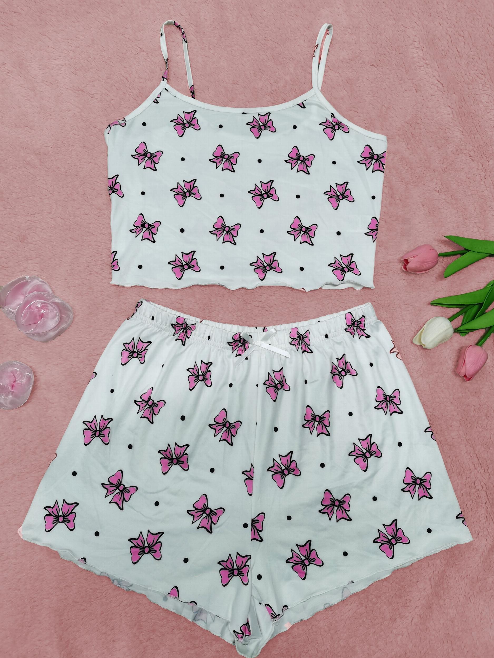 Bow Print Pajama Set Crew Neck Cami Top & Shorts Sleepwear Loungewear