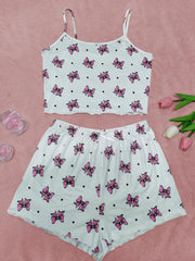 Bow Print Pajama Set Crew Neck Cami Top & Shorts Sleepwear Loungewear