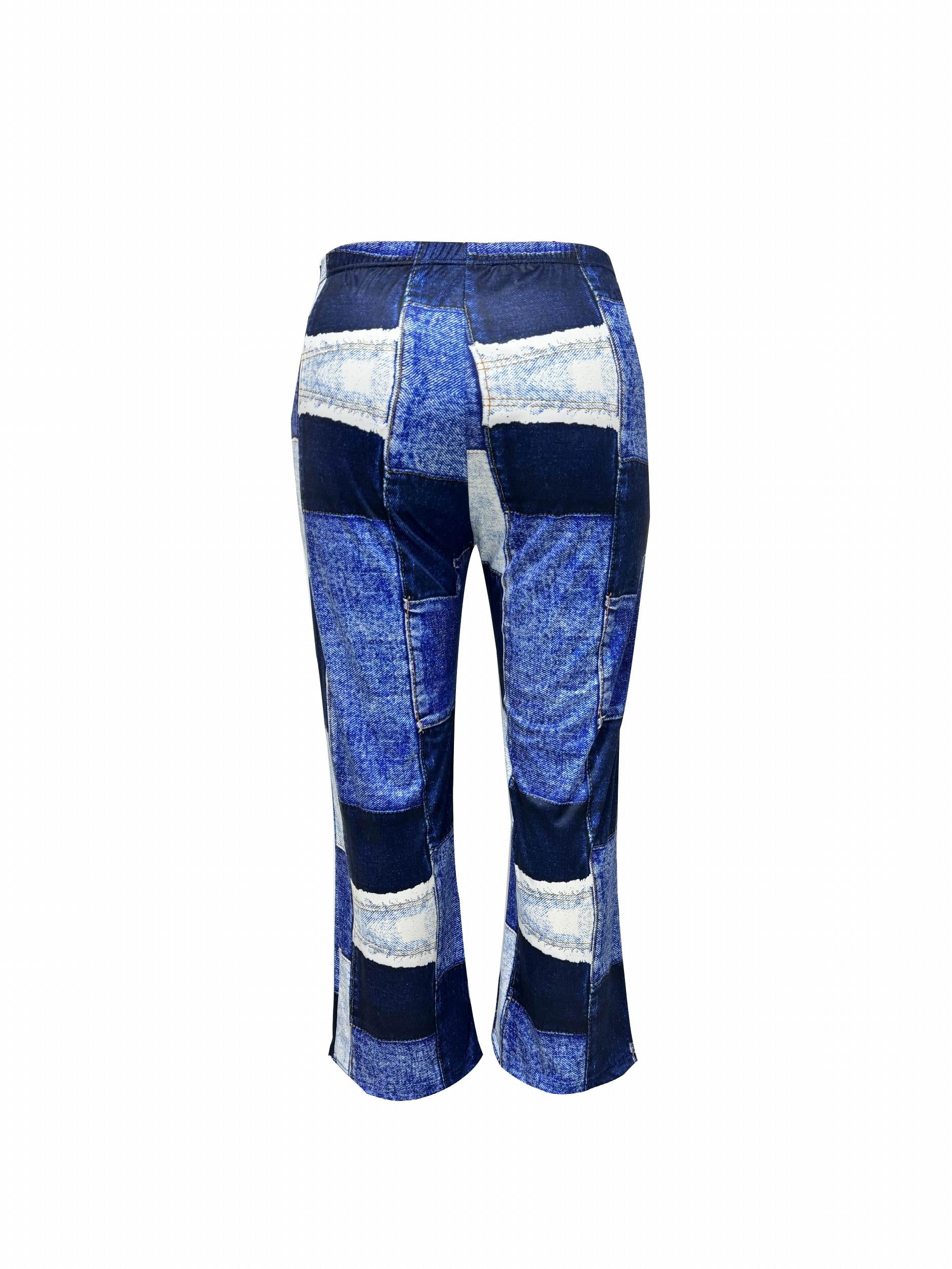  Colorblock Denim Print Button Detail Wide Leg Trousers