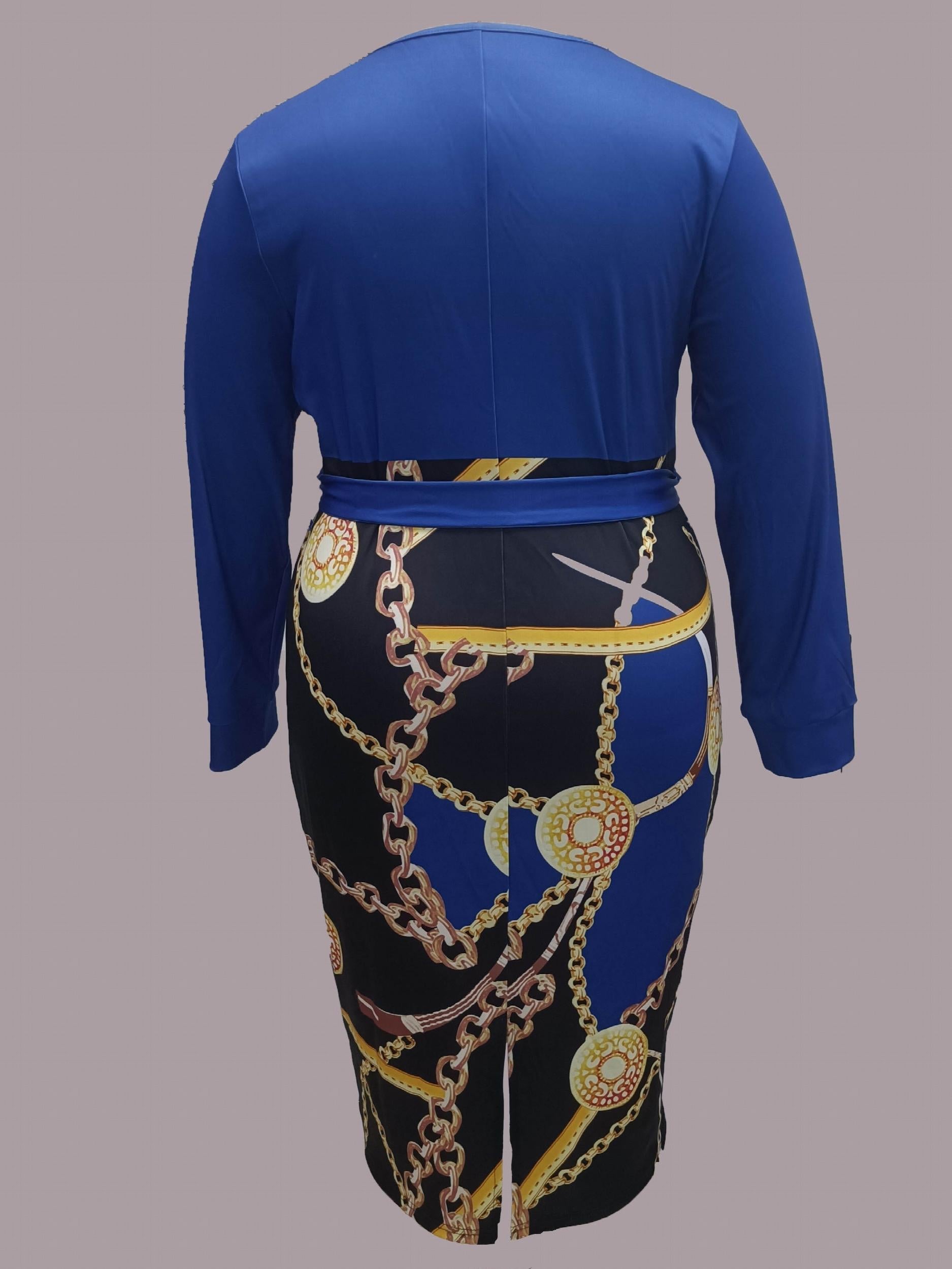  Colorblock Chain Print Long Sleeve Bodycon Belted Dress