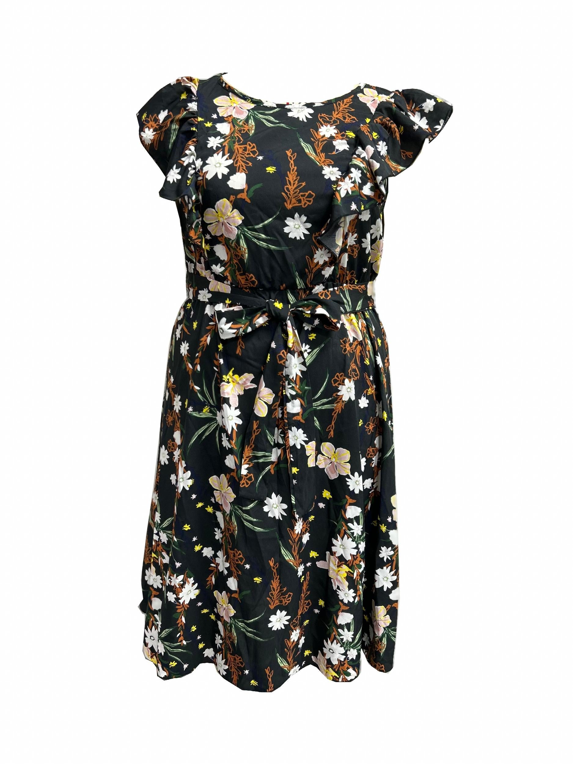  Floral Print Ruffle Trim Cap Sleeve Midi Dress With Belt