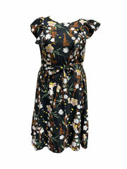 Floral Print Ruffle Trim Cap Sleeve Midi Dress With Belt