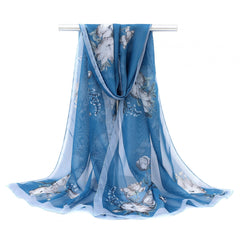 Vintage Flower Print Chiffon Scarf Thin Breathable Silk Head Wrap
