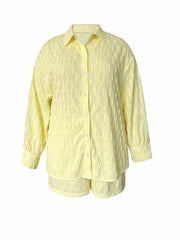  Solid Button Up Long Sleeve Blouse & Shorts Set