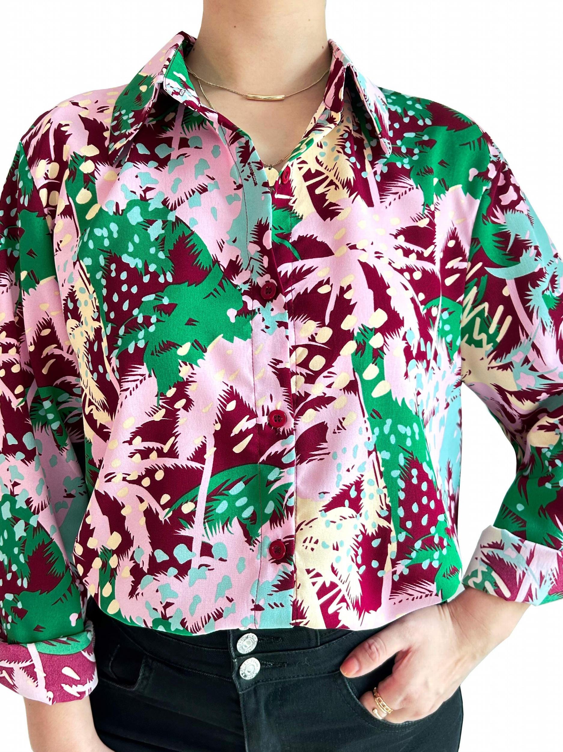  Tree Print Long Sleeve Collar Blouse