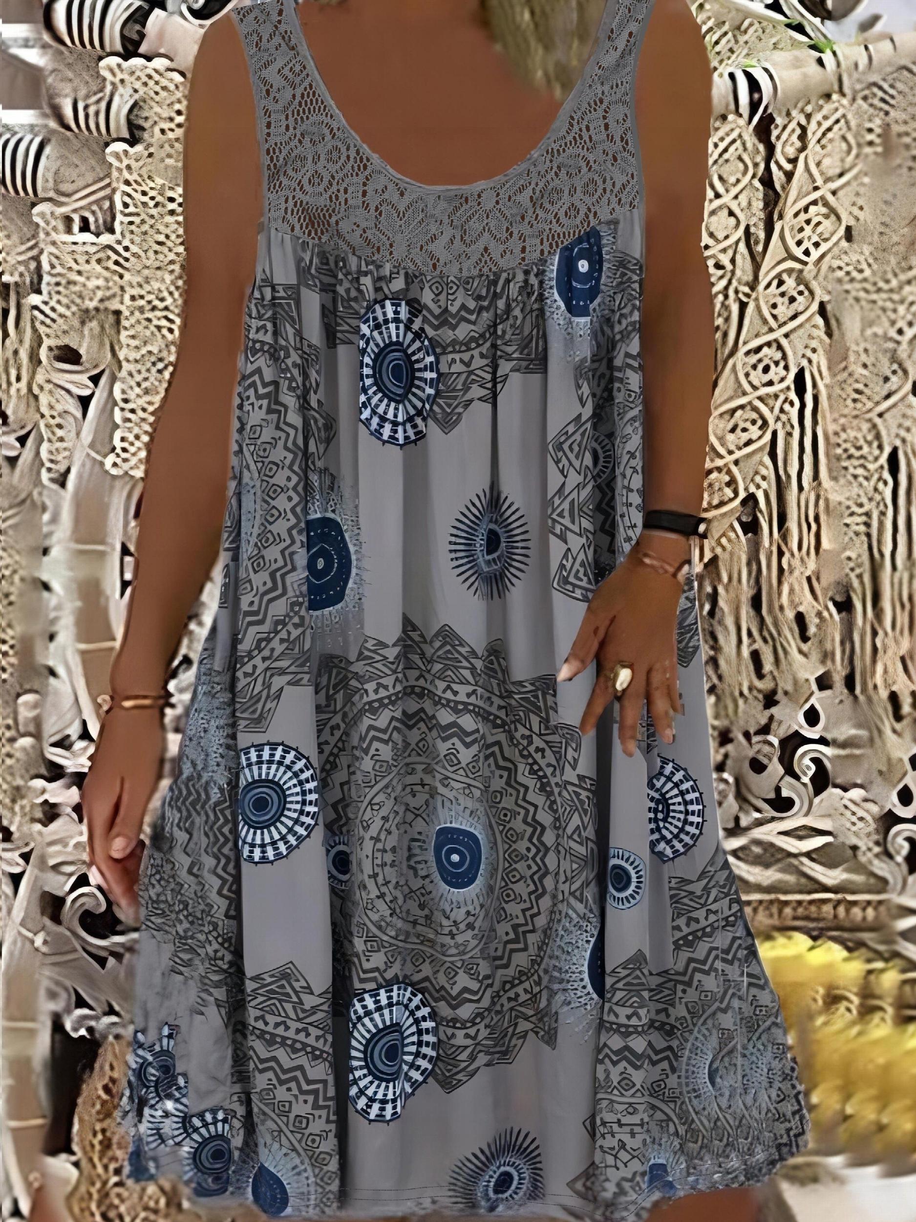  Tile Print Eyelet Embroidered Tank Dress