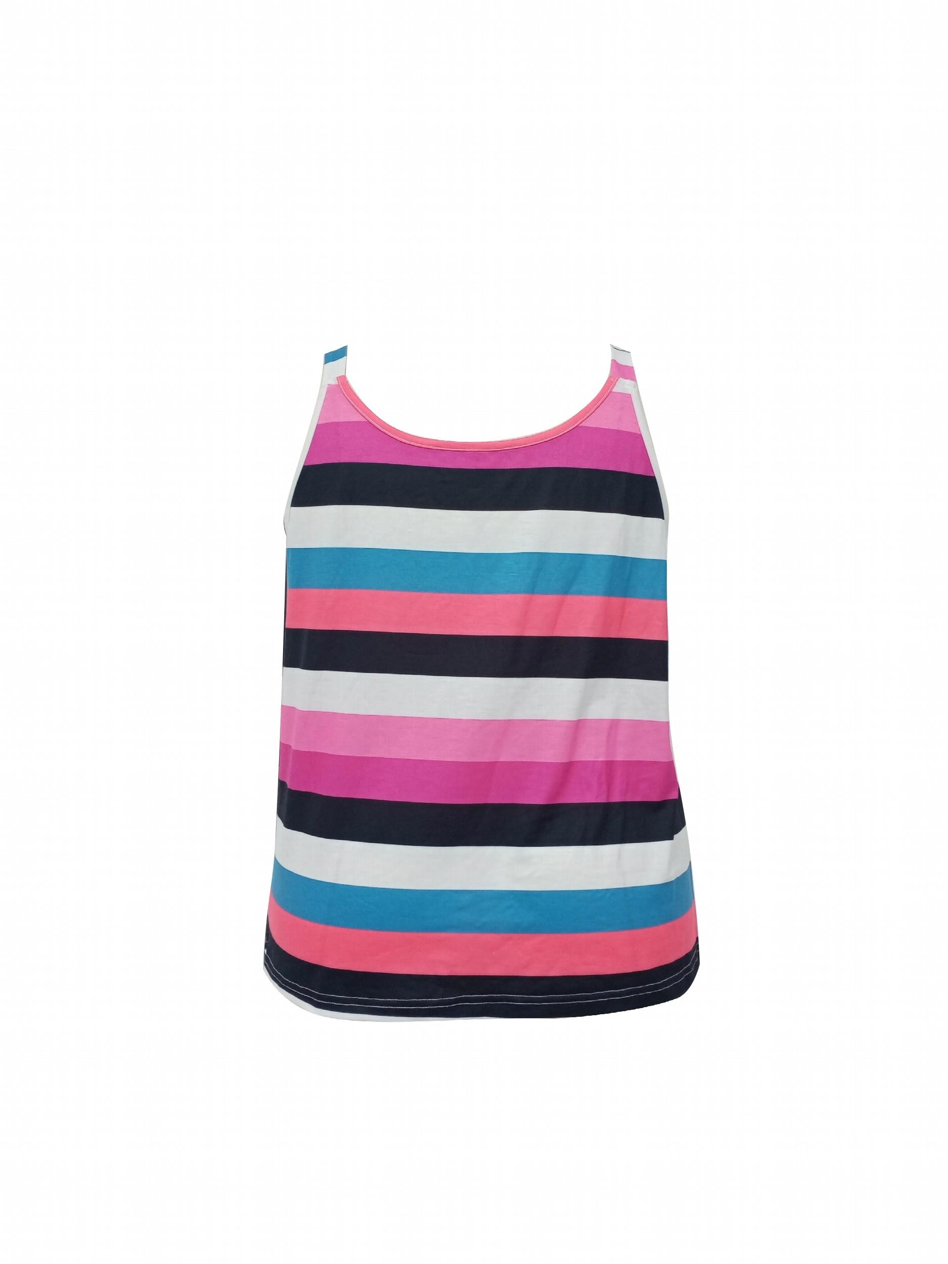  Colorful Strip Tank Top Round Neck Button Decor Slight Stretch