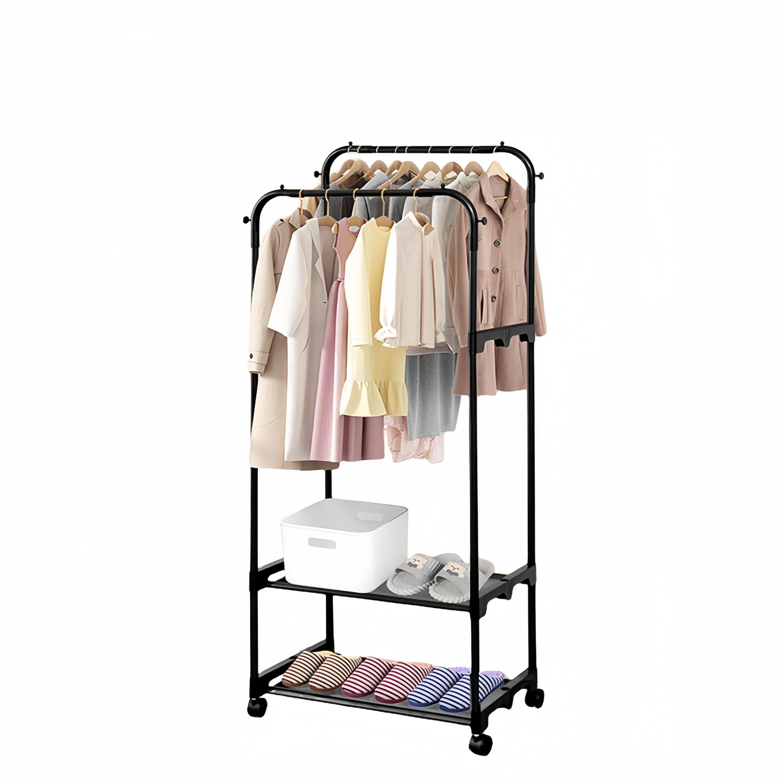 Double Row Metal Clothes Drying Rack with Pulleys and Hooks