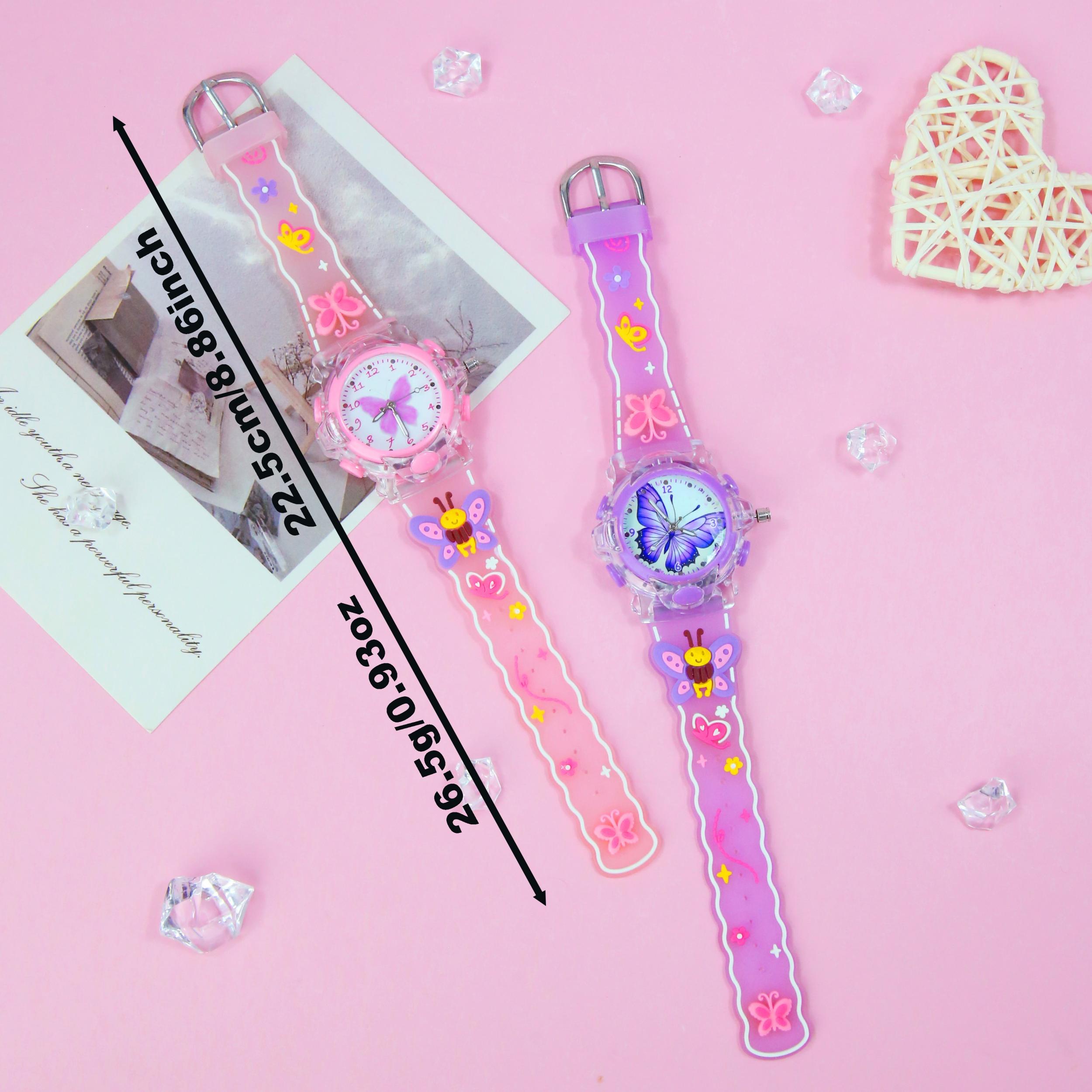 Butterfly Quartz Watch Glowing Hands Soft Silicone Strap Pink Dial Charms