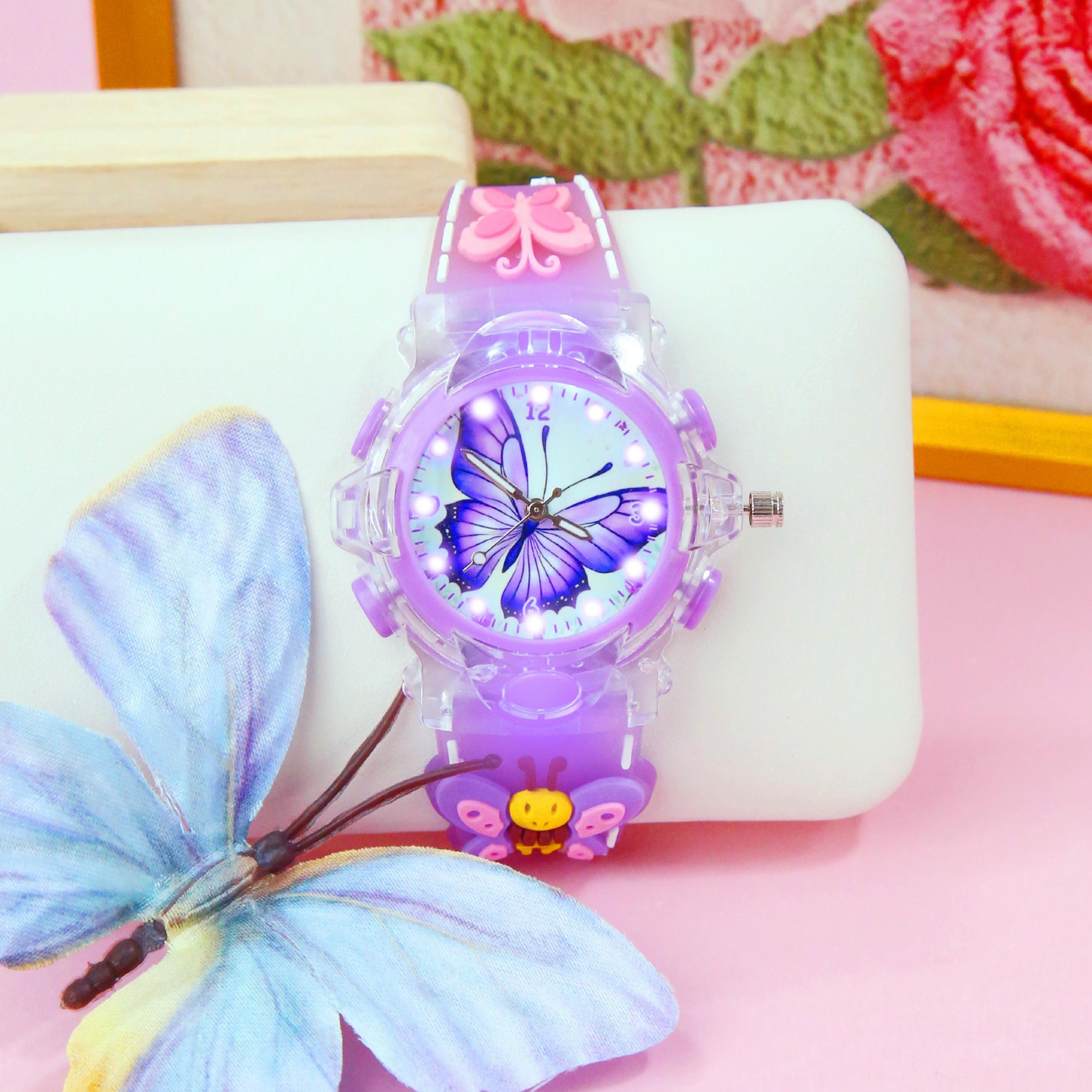 Butterfly Quartz Watch Glowing Hands Soft Silicone Strap Pink Dial Charms