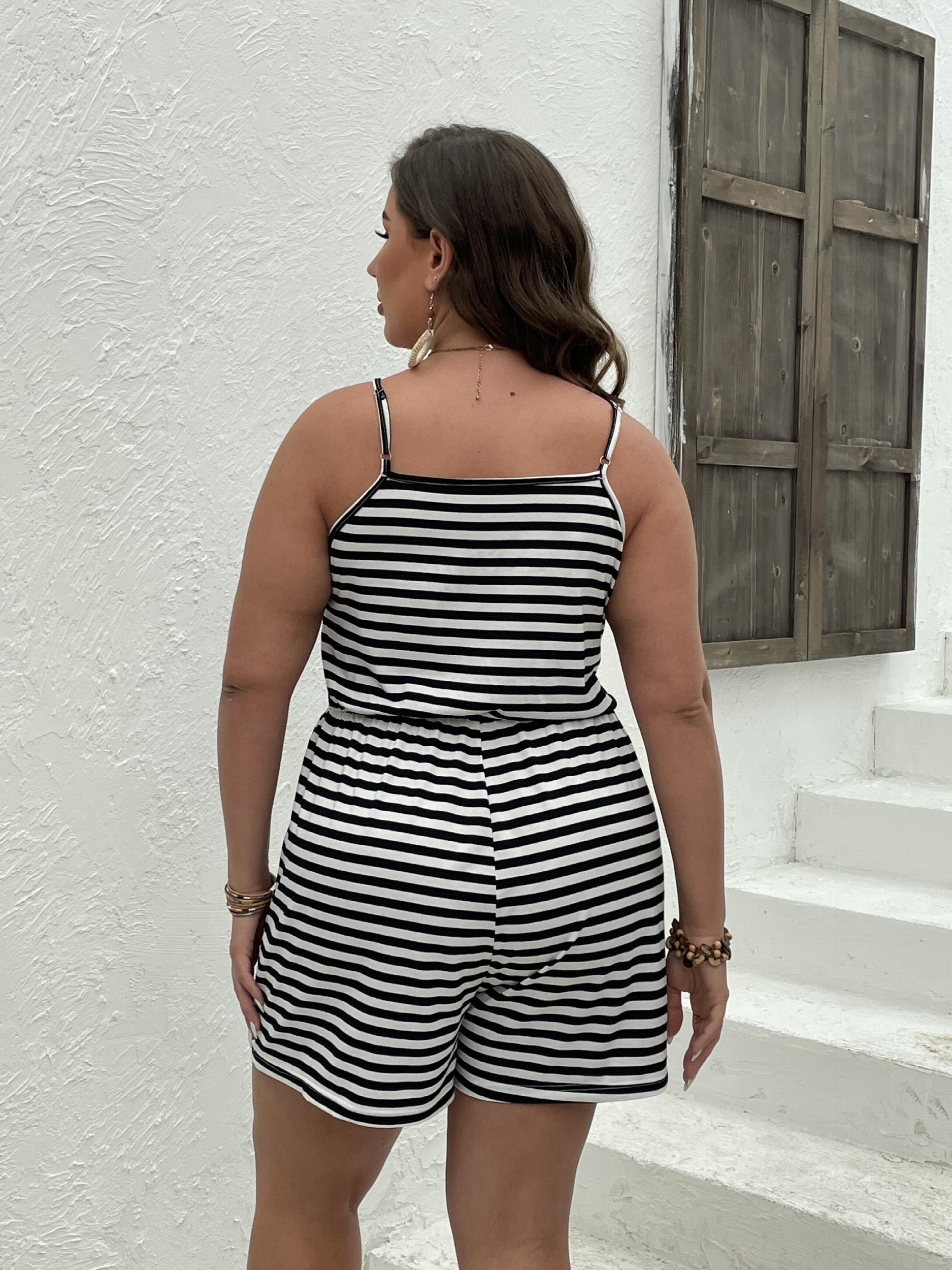  Stripe Print V Neck Stretch Romper