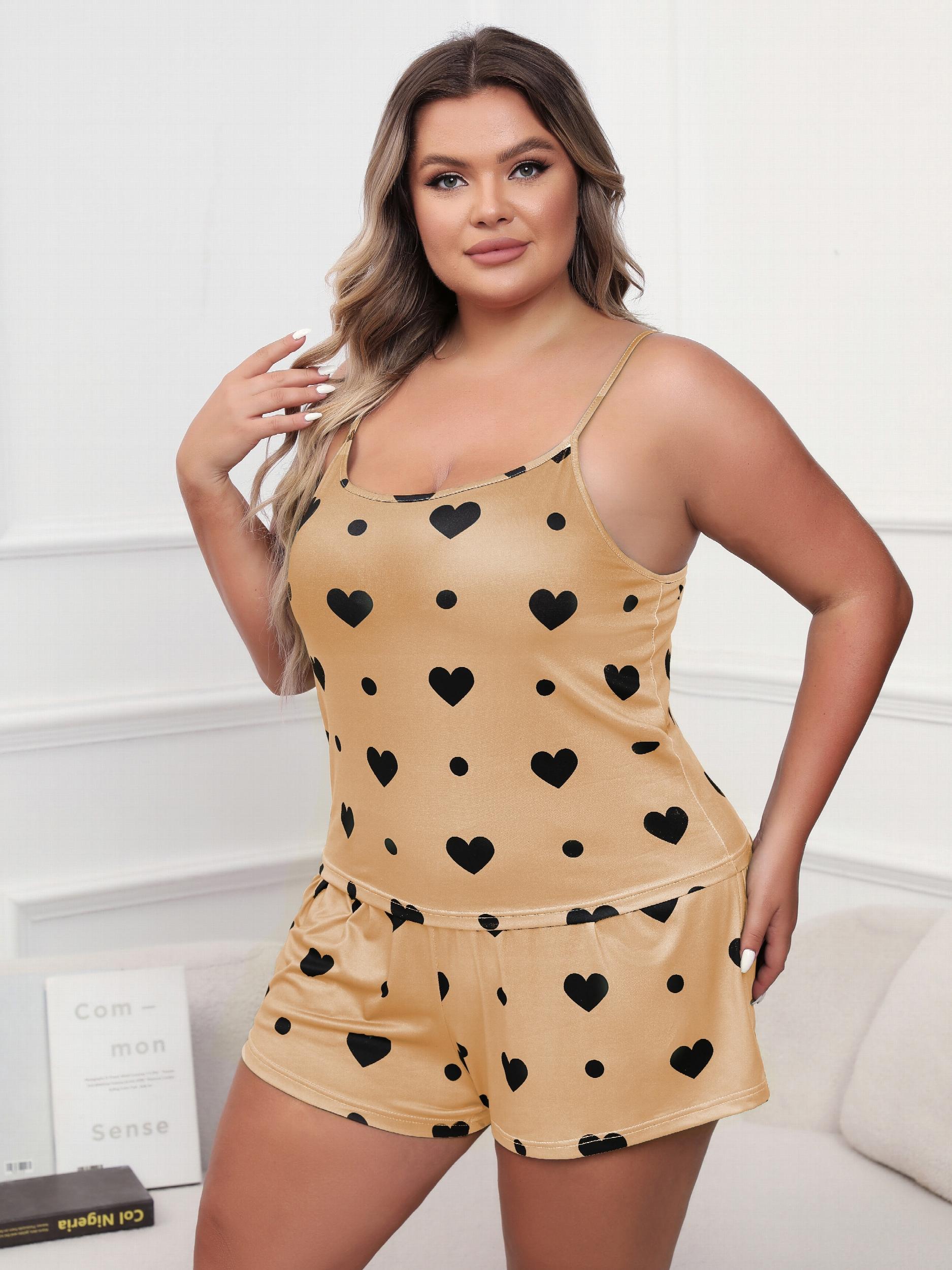  Heart & Dot Print Pajama Set Women's Cami Top & Shorts Two Piece