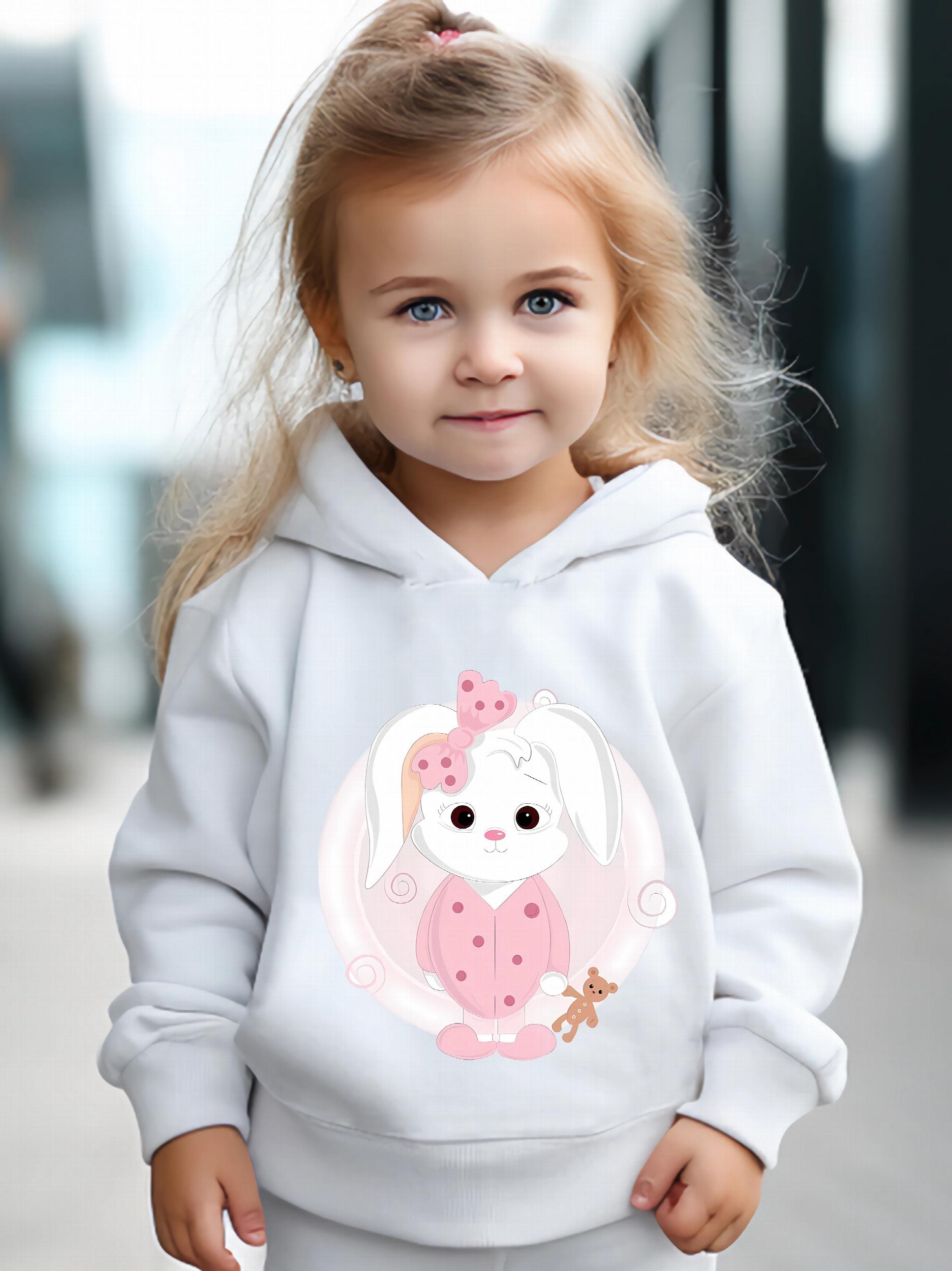 Cartoon Rabbit Pattern Hooded Sweatshirt & Solid Sweatpants Set for Girls
