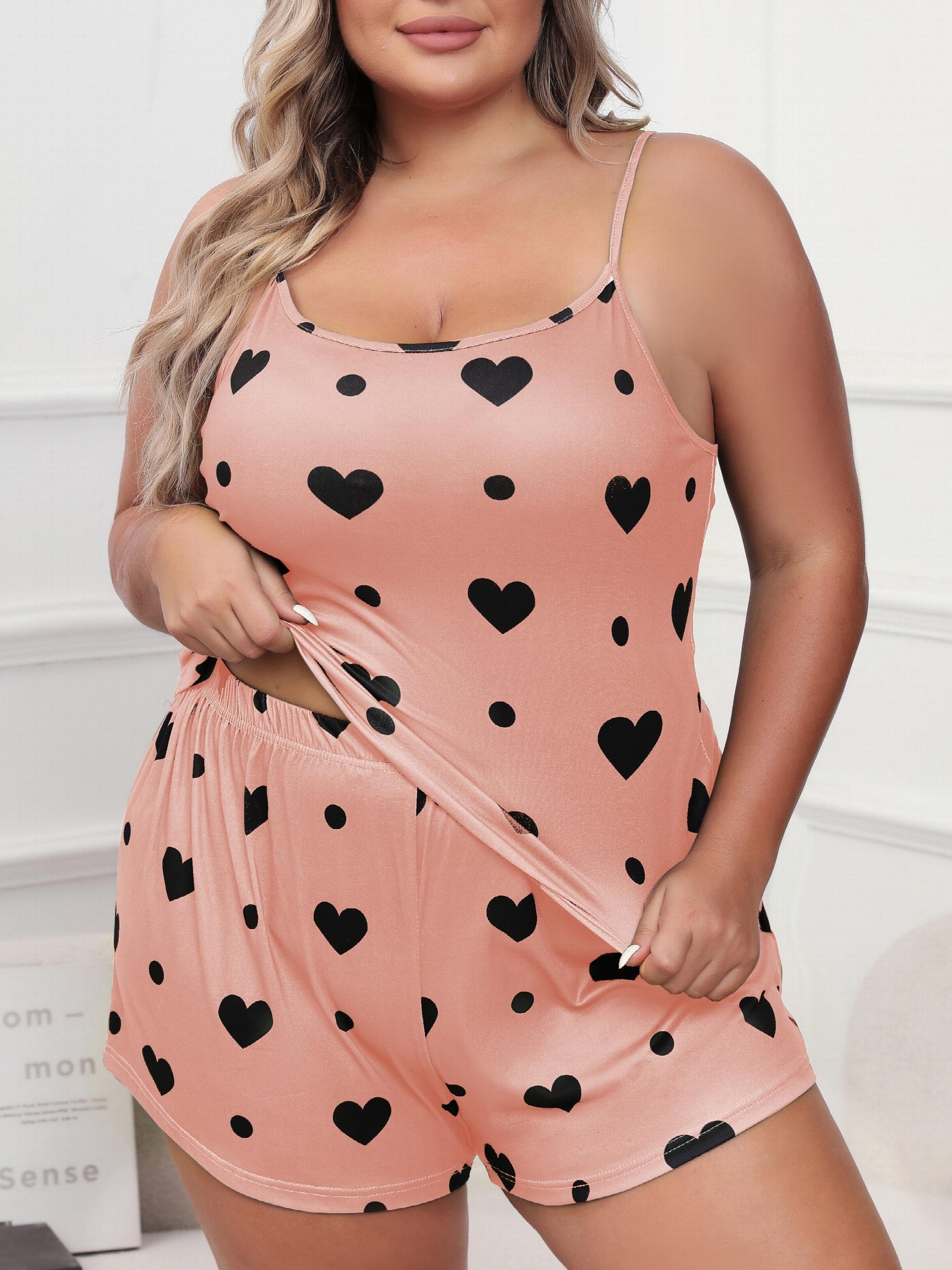  Heart & Dot Print Pajama Set Women's Cami Top & Shorts Two Piece