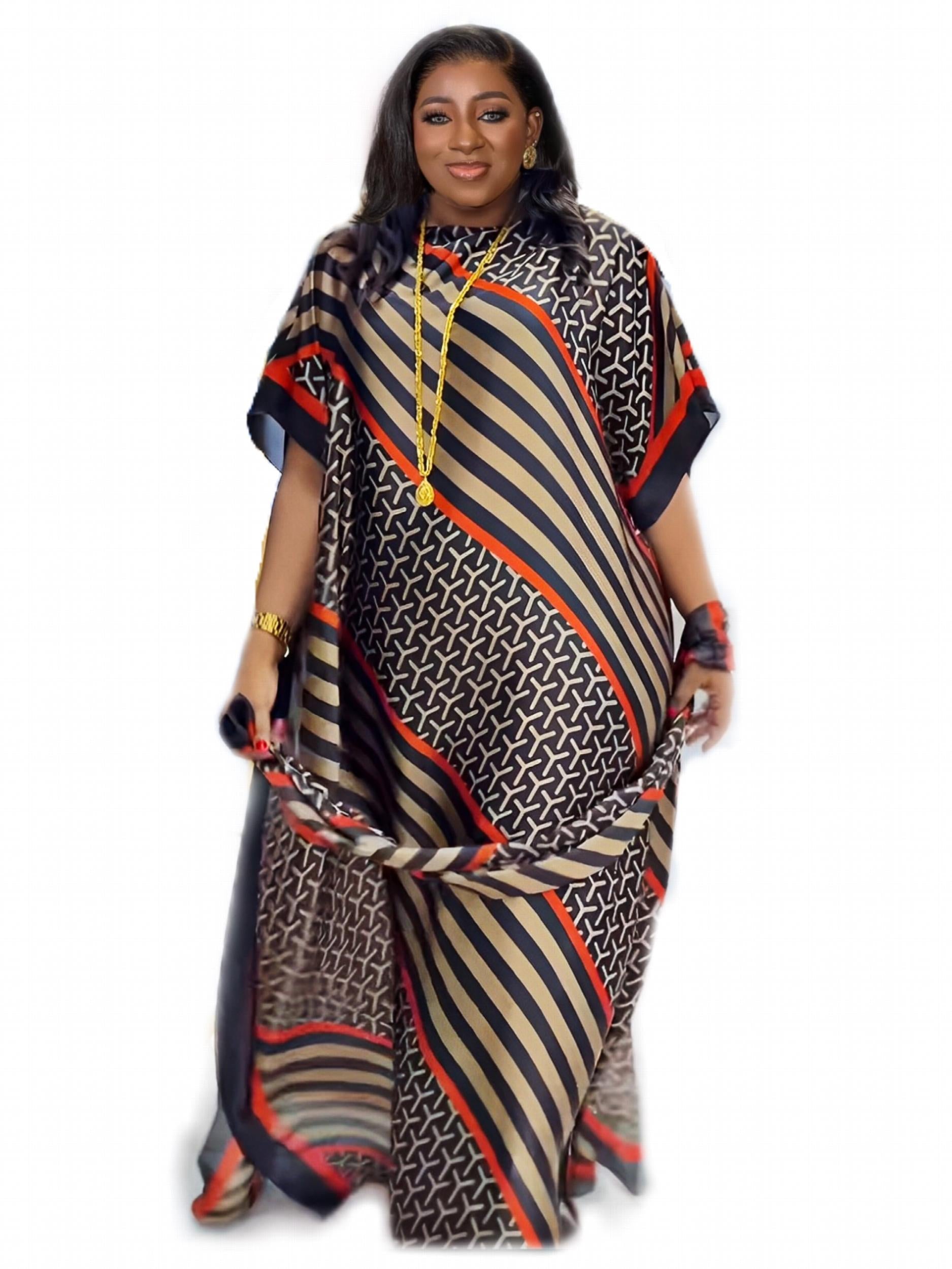  Colorblock Stripe Geometric Print Batwing Kaftan Dress