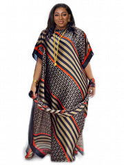  Colorblock Stripe Geometric Print Batwing Kaftan Dress