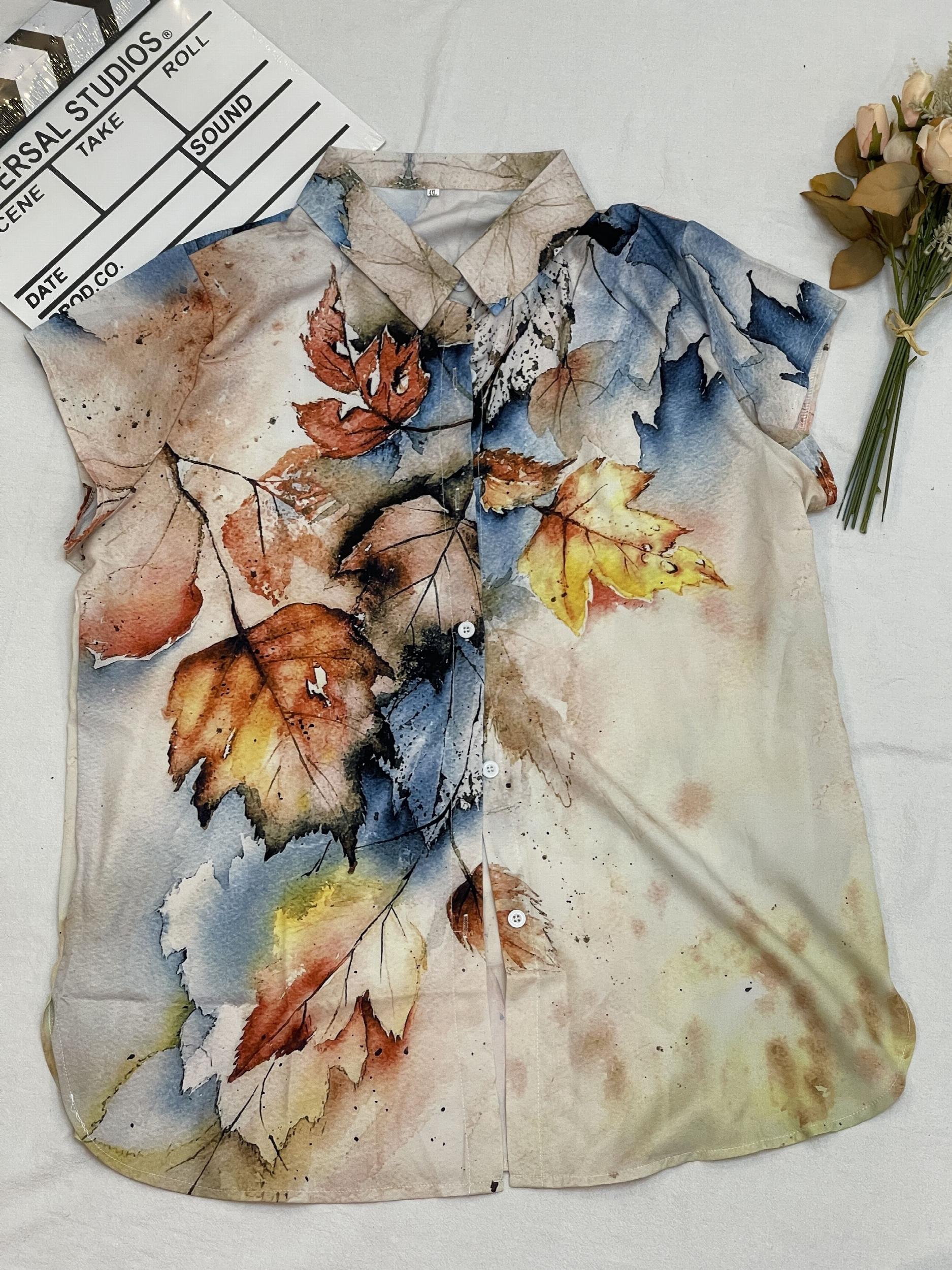  Leaf Print Cap Sleeve Blouse