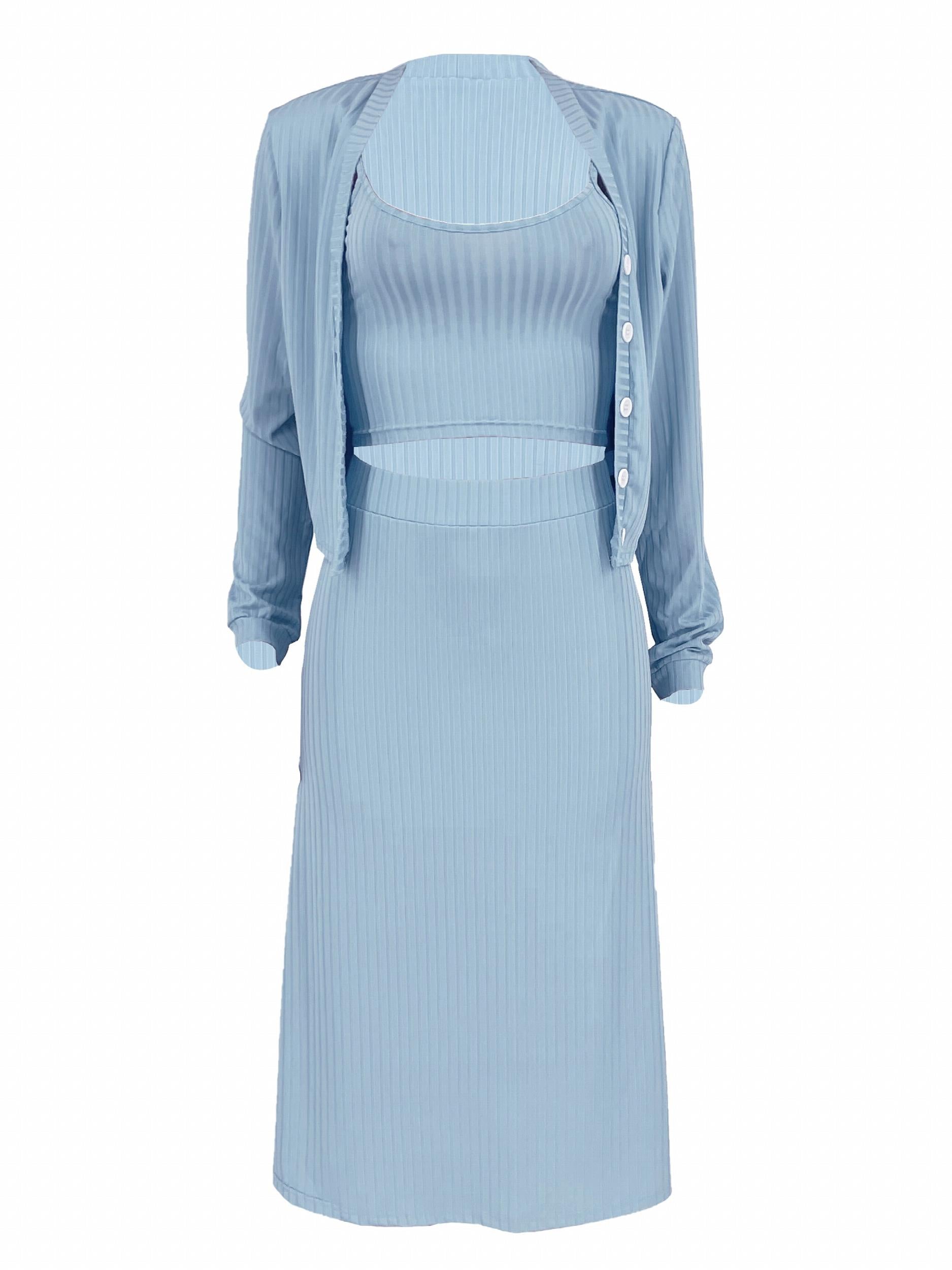 Solid Casual Three Piece Set Long Sleeve Tops & Tank Top
