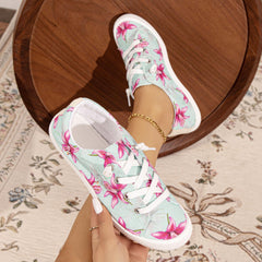 Women's Lily Flower Canvas Shoes Lace Up Low Top Sneakers