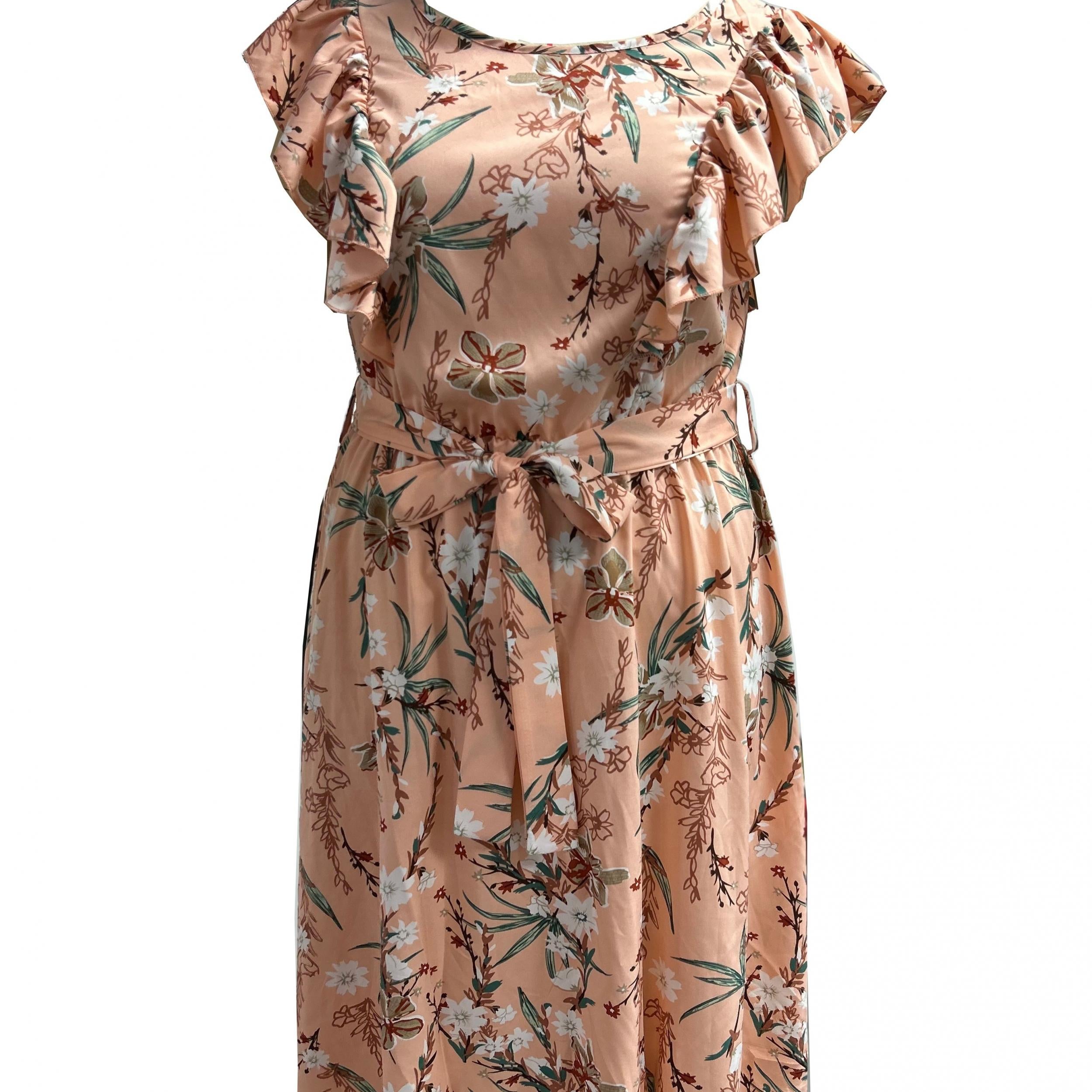  Floral Print Ruffle Trim Cap Sleeve Midi Dress With Belt