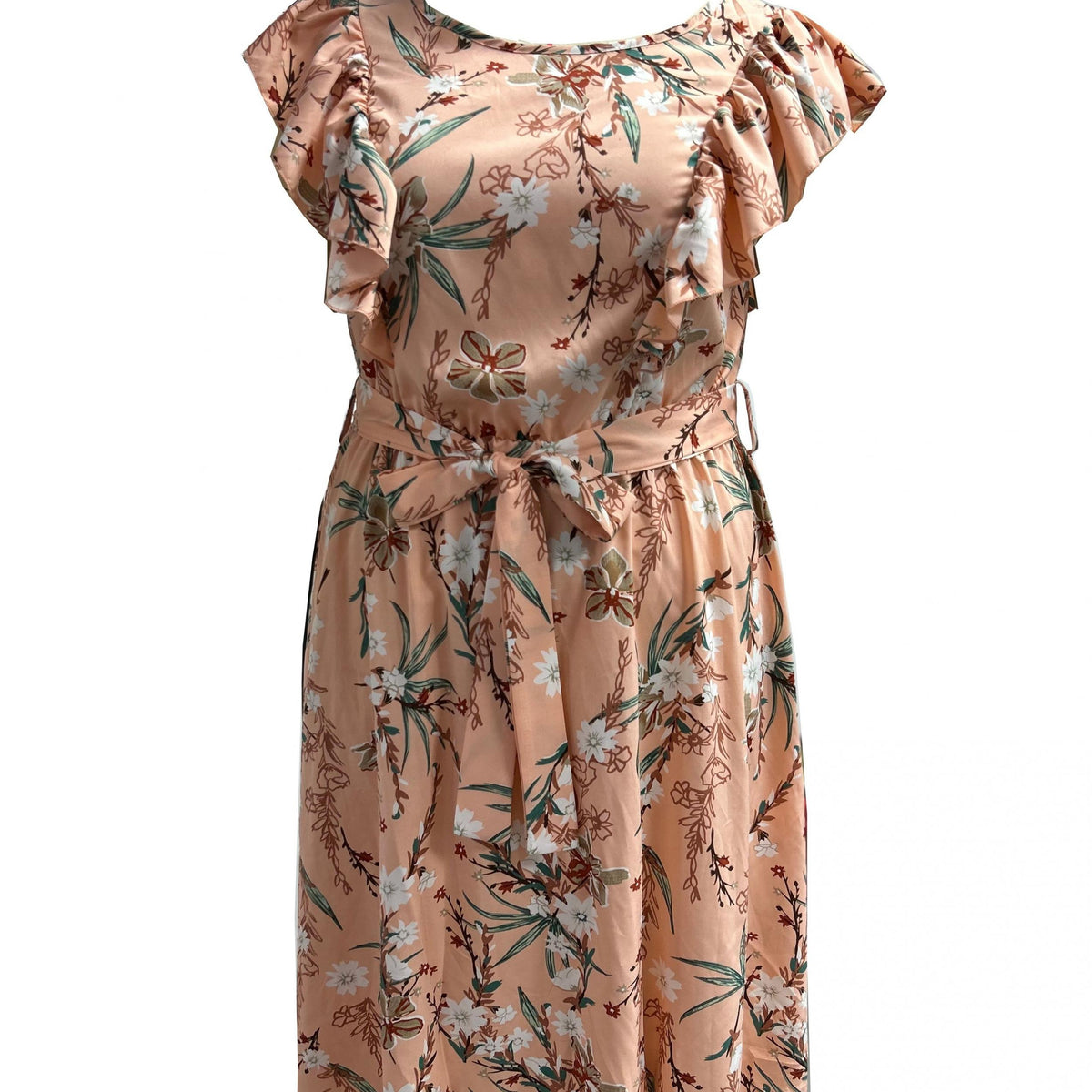  Floral Print Ruffle Trim Cap Sleeve Midi Dress With Belt