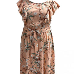  Floral Print Ruffle Trim Cap Sleeve Midi Dress With Belt