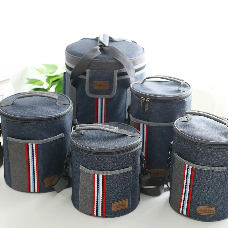 Cylindrical Thermal Lunch Bag Cooler Picnic Bag Canvas Lunch Box