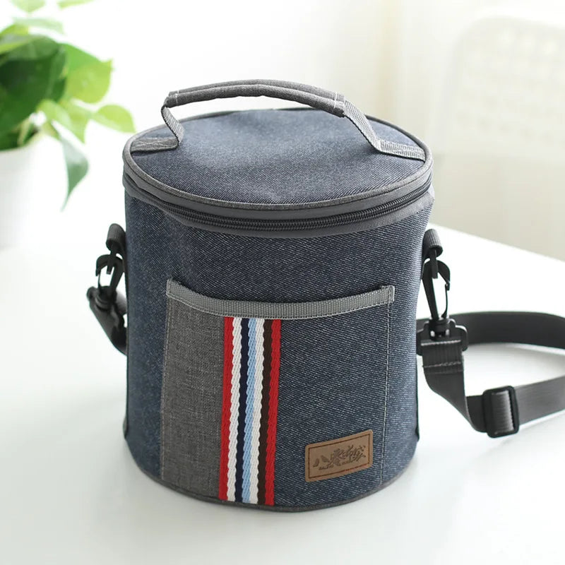 Cylindrical Thermal Lunch Bag Cooler Picnic Bag Canvas Lunch Box