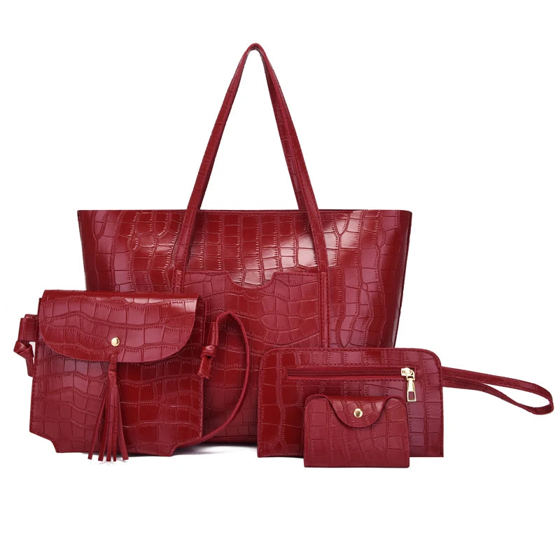 Women's 4pcs Set PU Leather Handbags Shoulder Crossbody Tote Clutch Bags